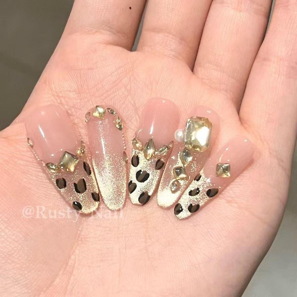 Sunset Gold Leopard Print Cat Eye Press-on Nails - Early Autumn Nude French Manicure