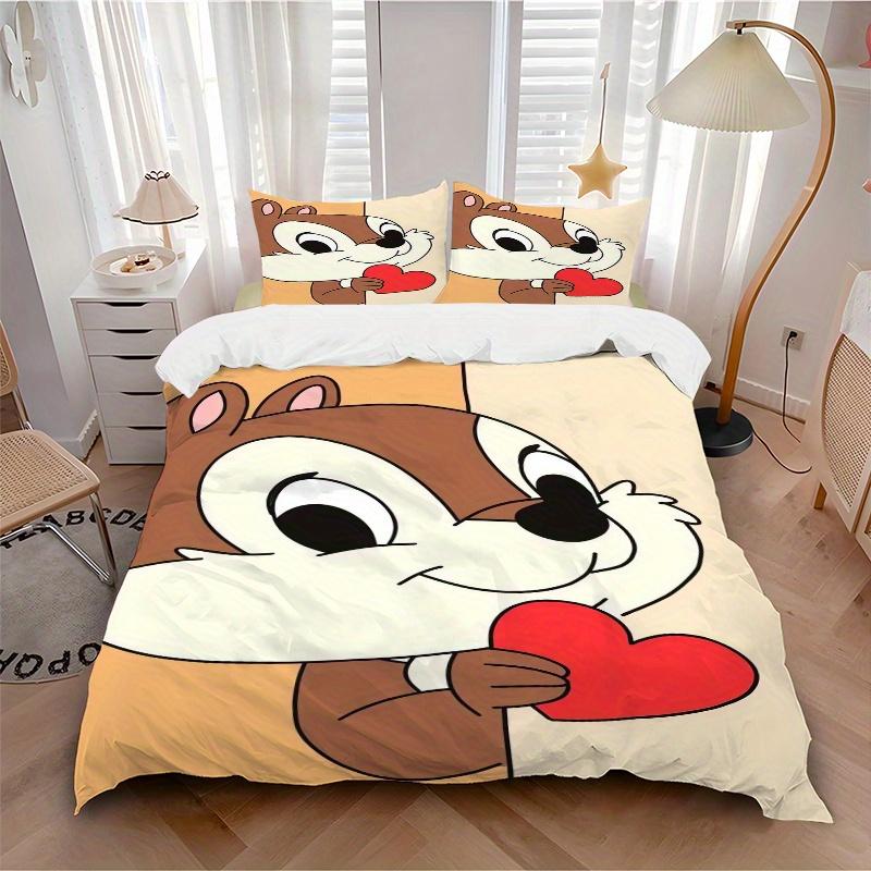 3pcs Chip & Dale Cartoon Squirrel Holding Heart Shaped Pattern Bedding Set, 1* Cover + 2*Pillowcases, Printed Bedding Set, Soft and Comfortable,