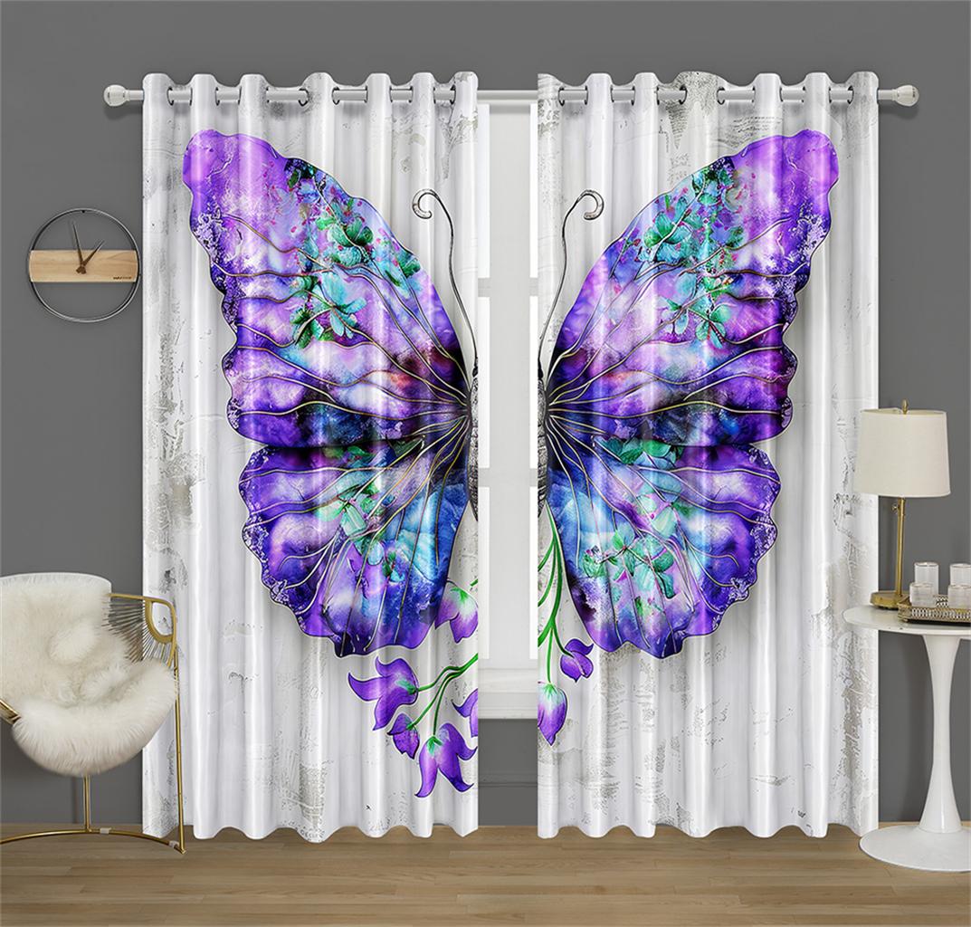 

Wisteria Flower Butterfly Kitchen Decor Curtain Wall Style Background Green Leaf Fit Living Room Bedroom Panels Made Of Polyester Washable Area Ready W100*H130(CM)-Grommet top&2PCS