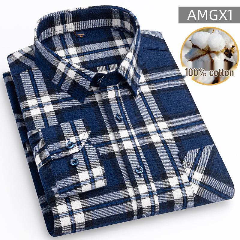 New Men's Plus Size Brushed Cotton Plaid Long Sleeve Shirt for Middle-Aged & Elderly with Straight Hem