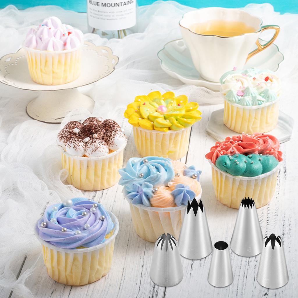 5PCS Cake Decorating Icing Tips for Cake Cupcake Decorating Stainless Steel Icing Piping Nozzles Pastry Tips Frosting Tips for Birthday Cake Party Coo
