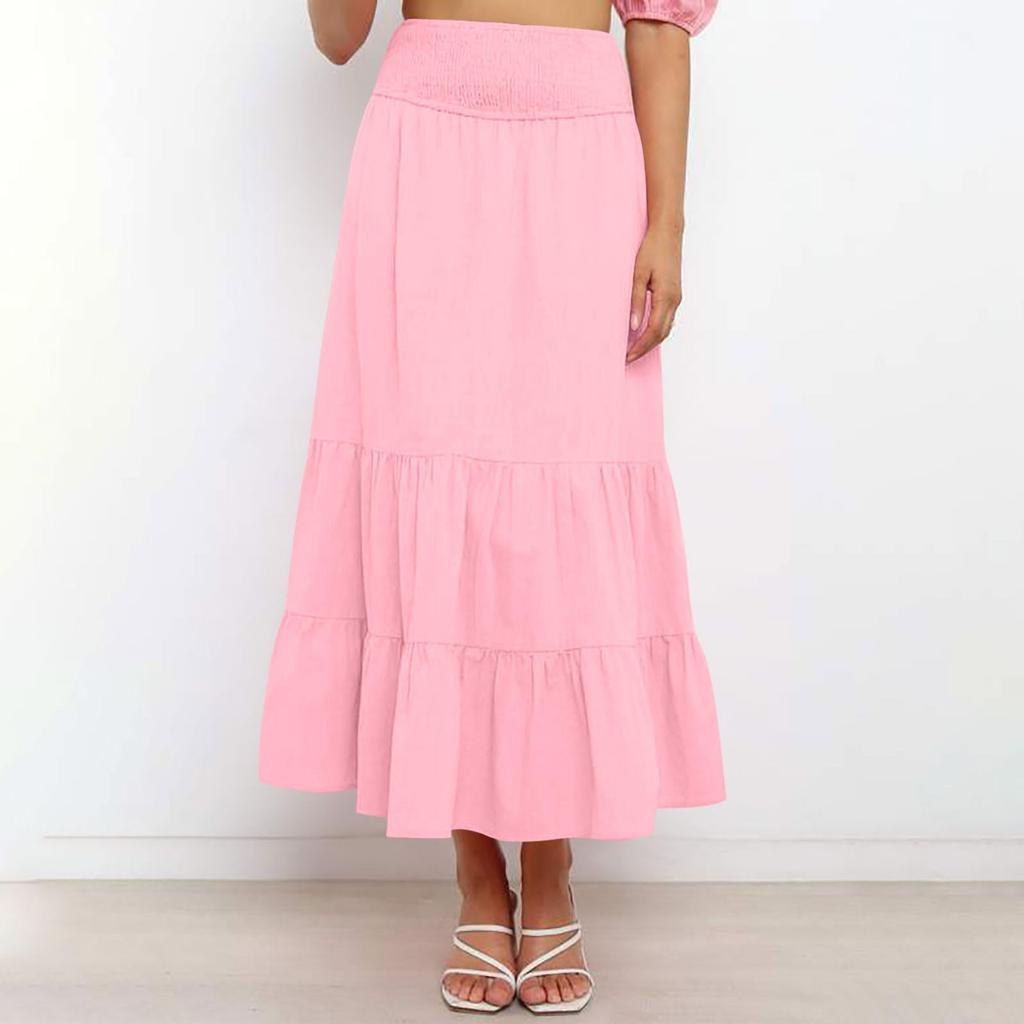 Women's Summer Bohemian Maxi Dress Elastic High Waist Pleated Ruffle Layered Culottes Casual Fashion Solid Color Flowy Skirt