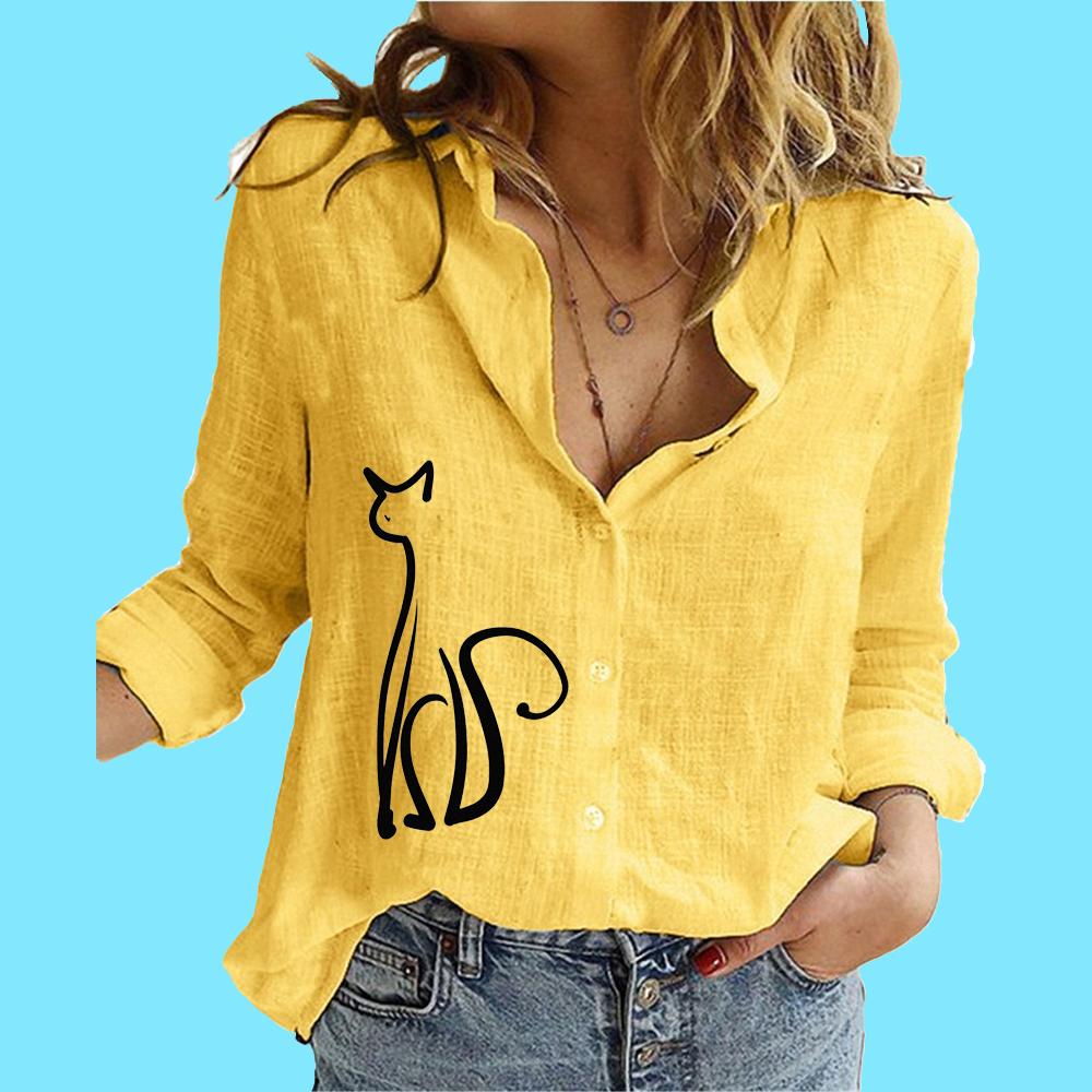 

Женская модная блузка с длинным рукавом, женская стойка с принтом, повседневная рубашка из хлопка и льна на пуговицах 5XL жёлтый