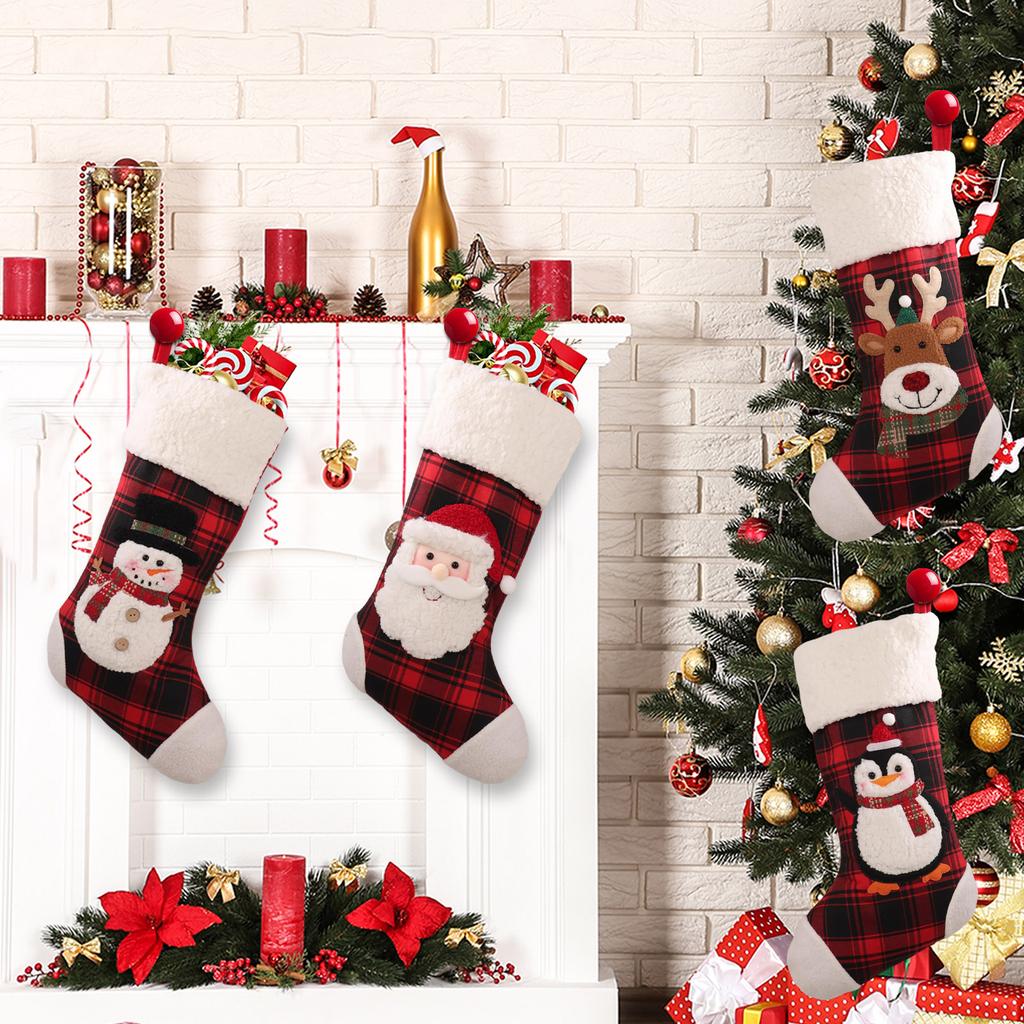 Julstrumpa Stor Storlek Rutig Kant Pingvin Festlig Högtid Julgransdekoration Presentpåse Festtillbehör