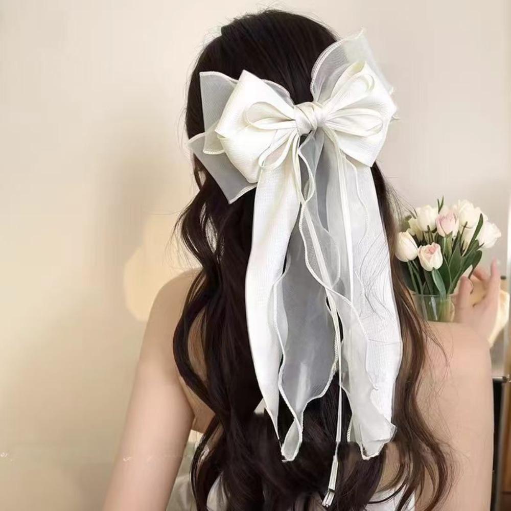 

Lace Bow Ribbon Hair Clips Long Tails Ribbon Satin Hairpins Elegant Coquette Barrettes Women Girls білий