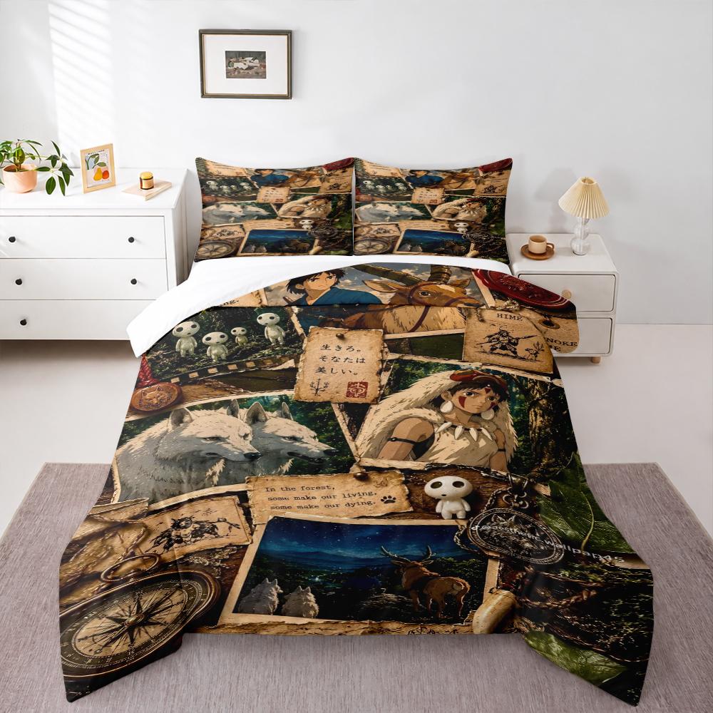 3 Piece Bedding Set 1 Duvet Cover 2 Pillowcases - Princess Mononoke Scrapbook Forest Collage Art - Decor