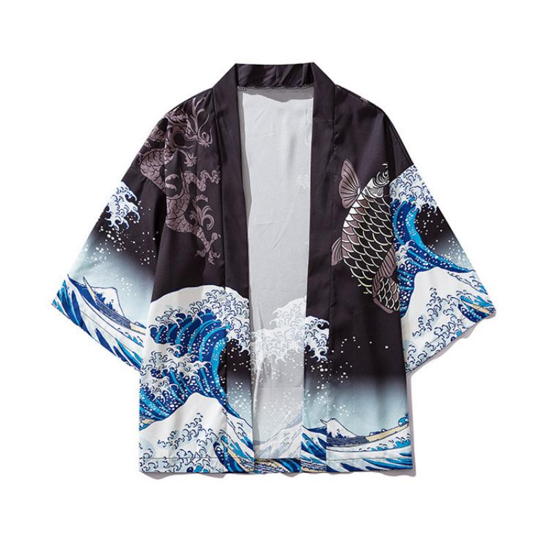 Men and Women's Japanese Kimono Wave Carp 3D Print Pattern Coat Green Traditional Haori Cardigan Japan Black Beach Clothing