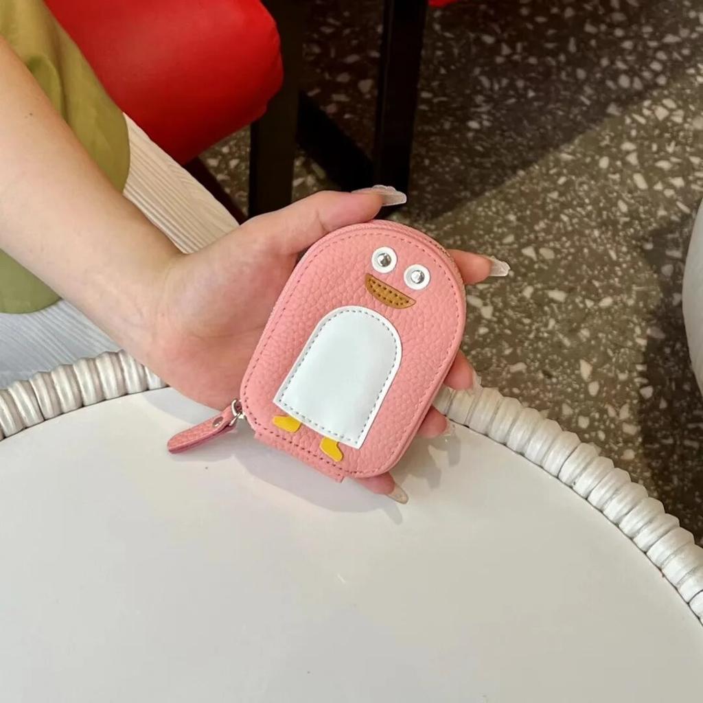Small Penguin Shape Card Holder Coin Purse Cartoon Cute Genuine Cow Leather Zipper Purses Mini Wallet