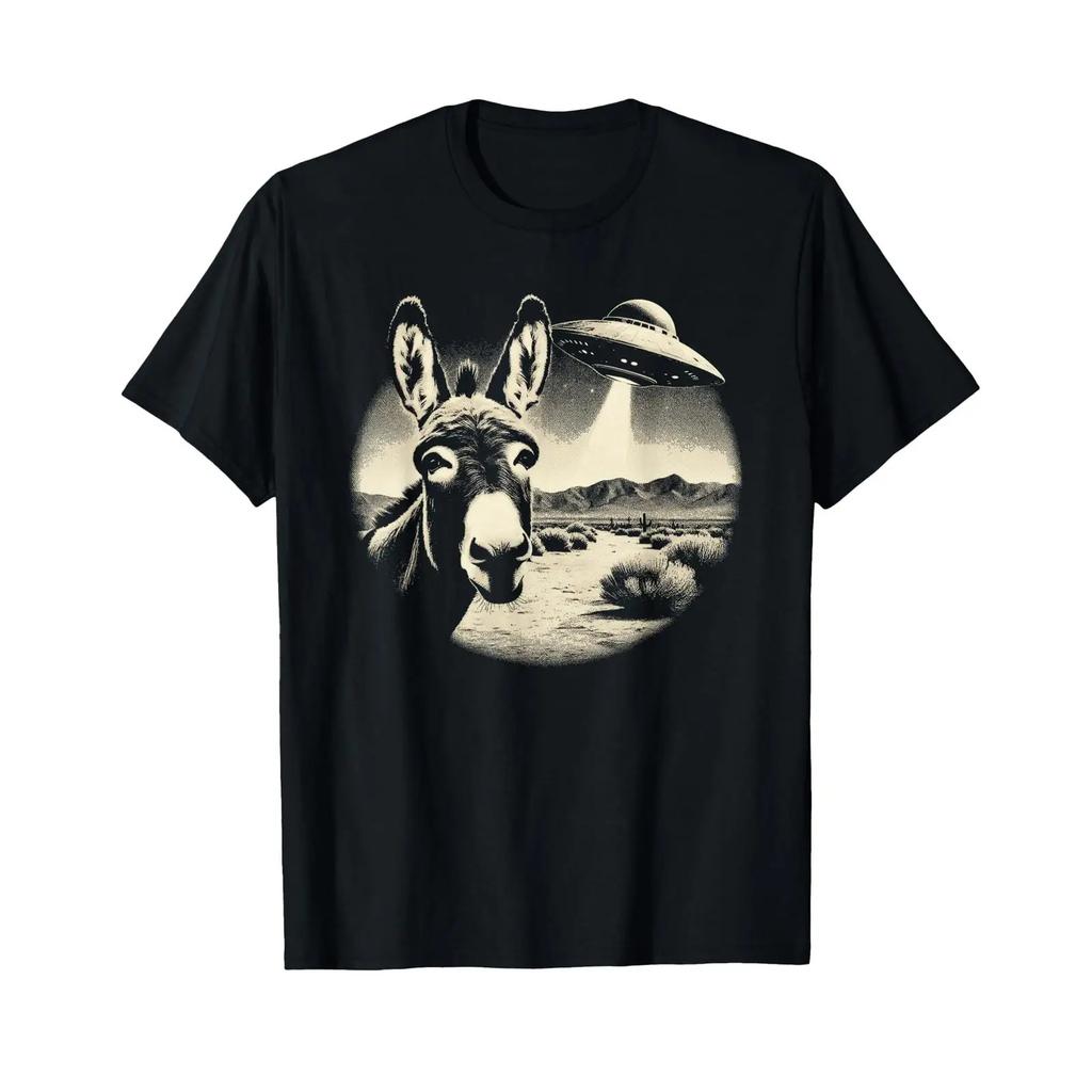 Funny Donkey With UFO T Shirt vintage Washed Slightly Stretched streetwear Breathable Soft Comfortable Versatile Unisex