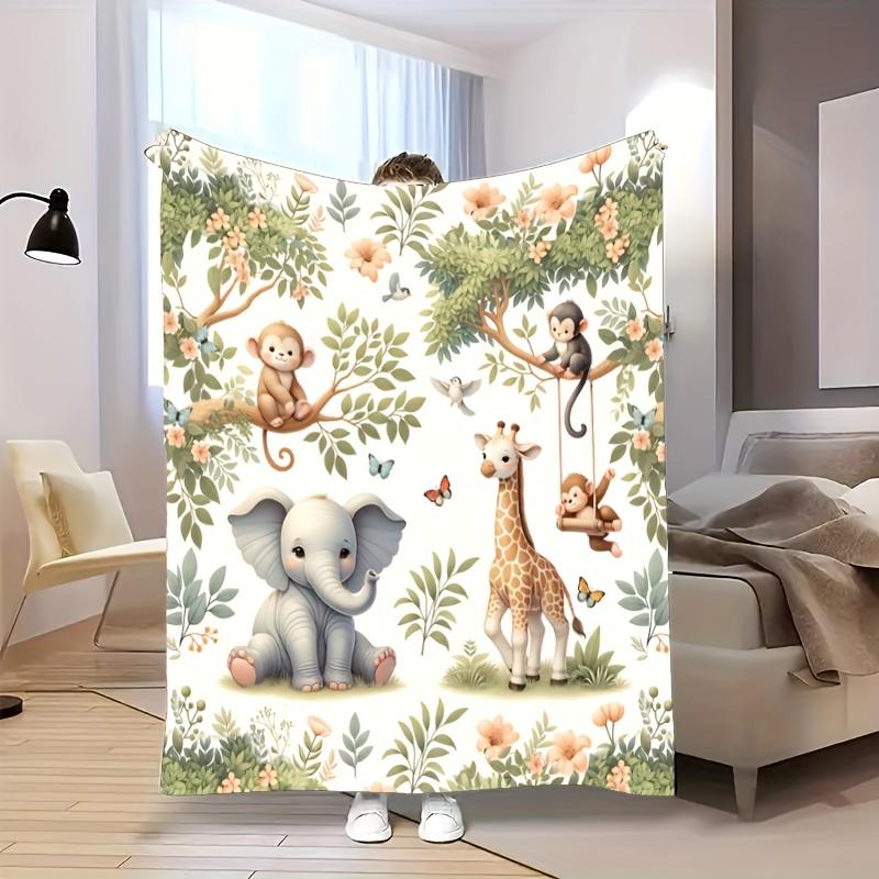 Spring Animal Flannel Blanket - Cute Elephant/Giraffe Print, Warm Throw for Camping/Home, Perfect Gift for Family & Best Friends