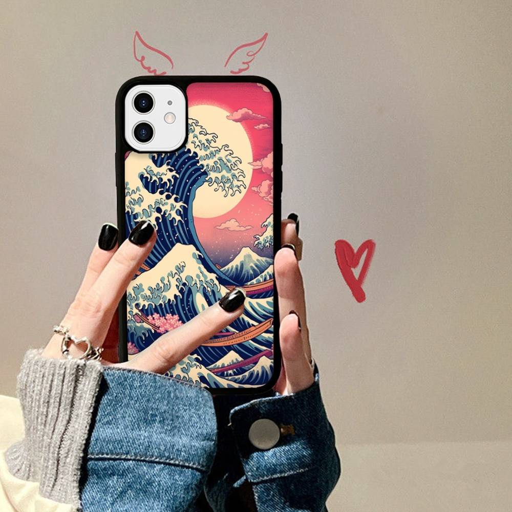 Japanese Waves PC+TPU Phone Case For IPhone 11 12 13 14 15 16 17 Plus Pro Max Cover