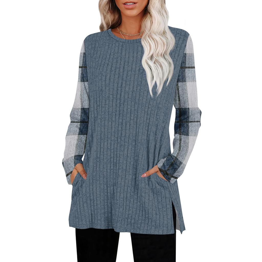 Women's Striped Printed Round-neck Long-sleeved Top With Pockets And Side Slits