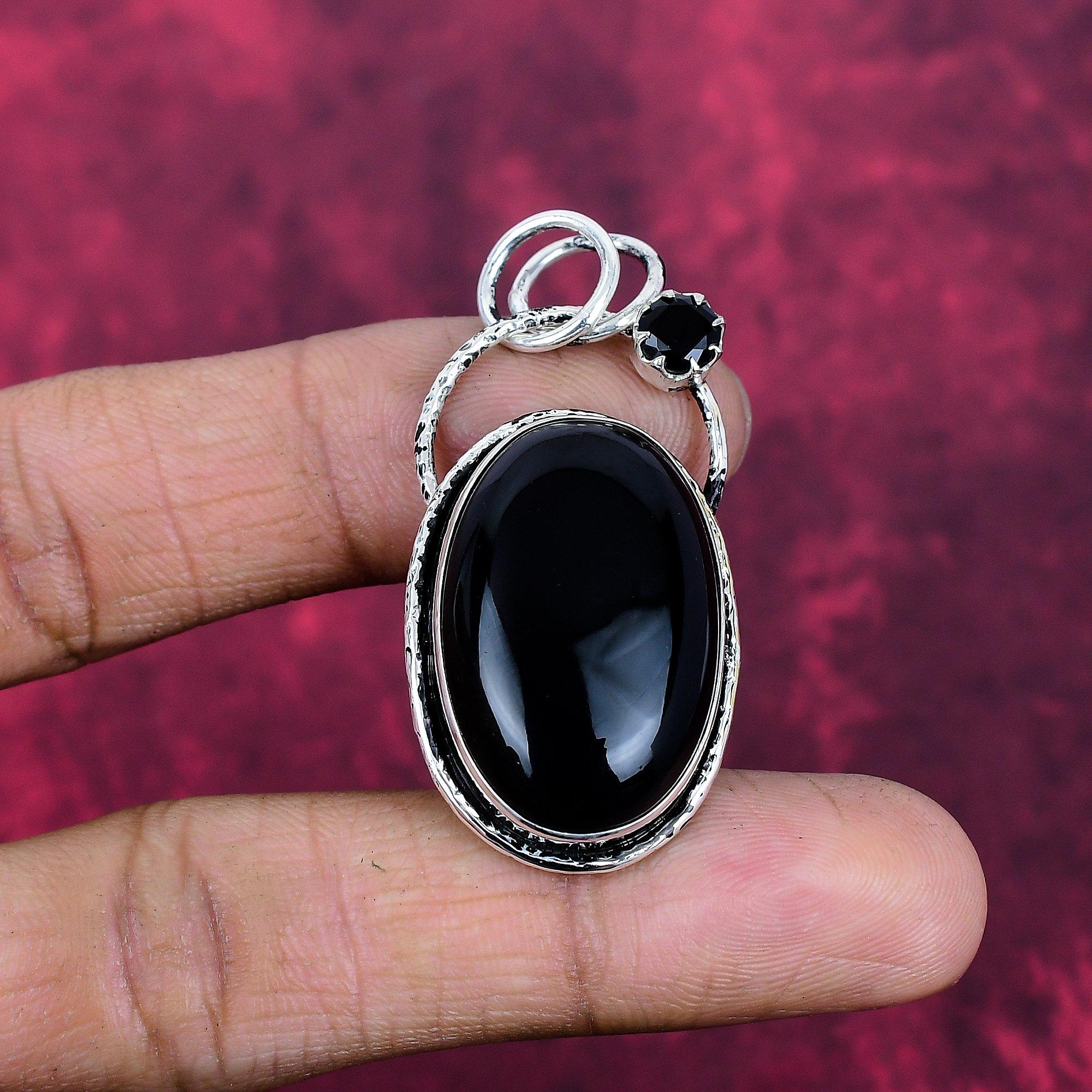 

Black Onyx & Black Spinel Gemstone Silver Jewelry, 925 Sterling Silver Pendant, Handmade Designer Onyx Pendant Gift For Catholics 1.96 Inches