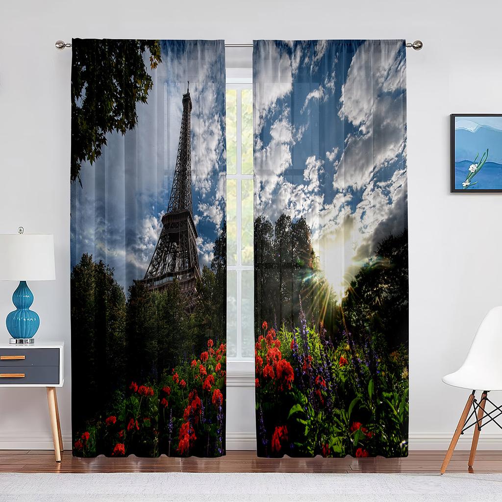 Paris Eiffel Tower Trees European City Landscape Voile Curtain Window Treatment Tulle Curtains for Living Room Sheer Curtains