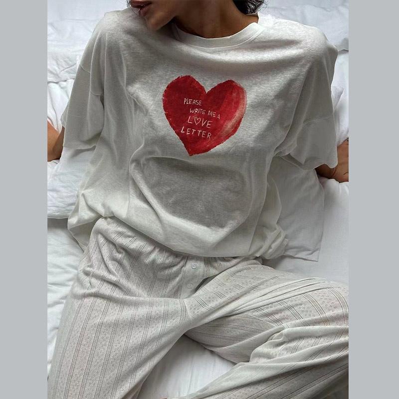 T-Shirt aus Baumwolle mit Herz-Grafikdruck für Damen, für den Sommer, lässig, kurzärmlig, Rundhalsausschnitt, lockere, vielseitige, einfache Oberteile