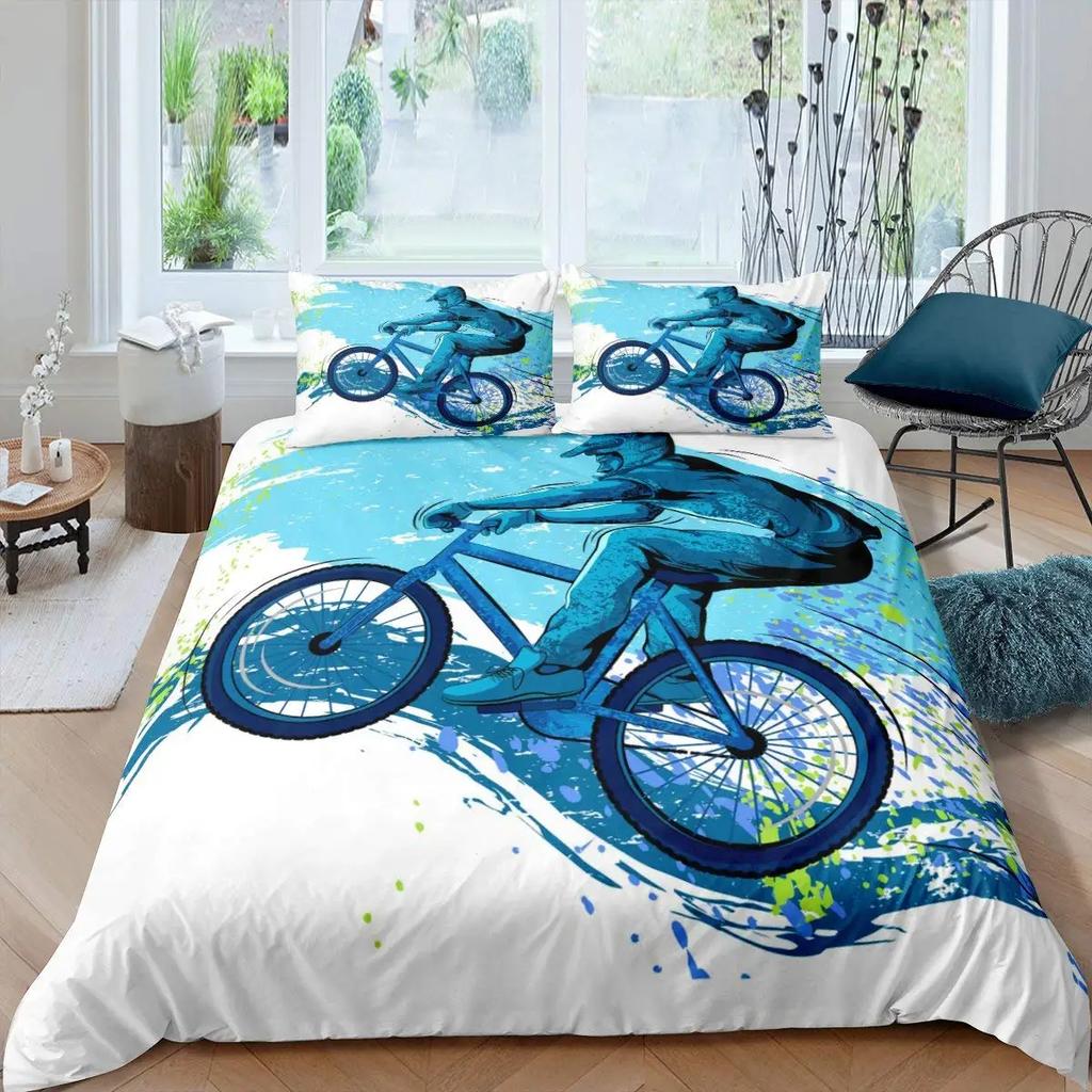 Bicycle Rider Duvet Cover Toddler Size for KidsMountain Bike Bedding Set for Teens AdultsWatercolor Quilt Cover