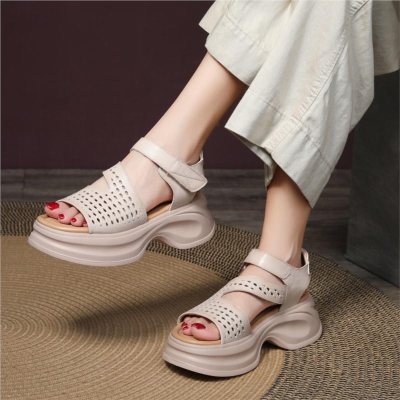 Johnature Roman Platform Sandals Genuine Leather Peep Toed Thick Soled Casual Women's Shoes