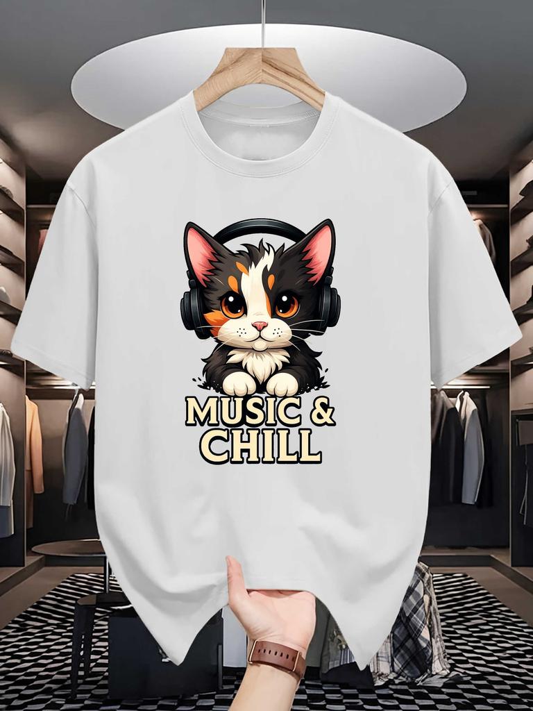 Cat With Headphones Music And Chill Graphic Unisexs Crew Neck T Shirt Cartoon Pet Print Short Sleeve Casual Cotton Daily Street Top