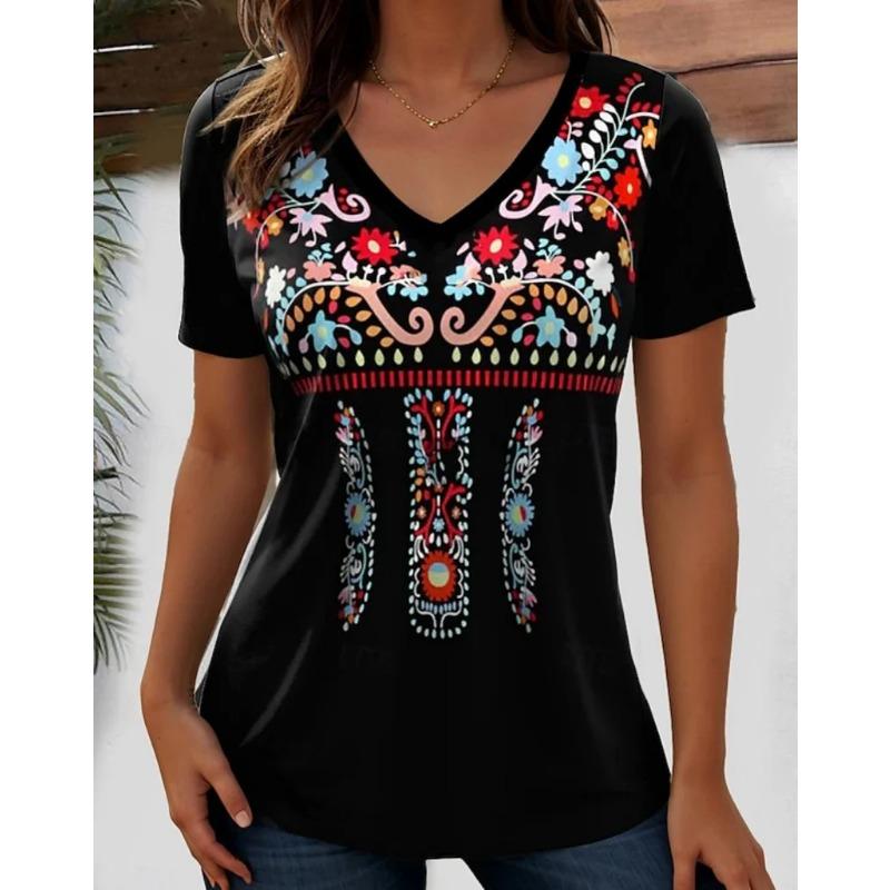 Summer V-neck 3D Retro Printed Top Fashionable Casual Short Sleeved Women's T-shirts