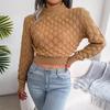 Women Fall Winter 3D Diamond Cutout Long Sleeve Solid Color Chic Crop Knit Sweater S-L