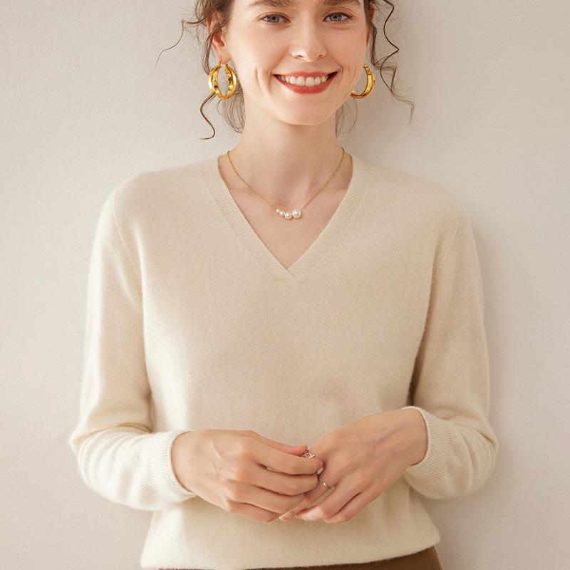 Women's Loose V-neck Cashmere Knit Sweater - Versatile Long Sleeve Pullover for Spring and Autumn