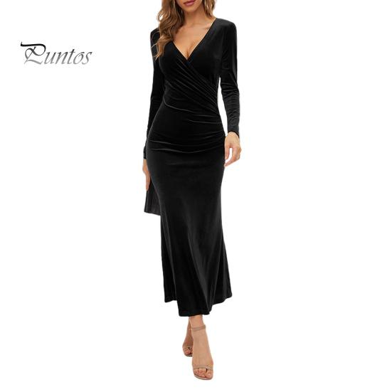 

Осень-весна женское вечернее платье с длинными рукавами, облегающее, однотонное, с подолом «рыбий хвост», бархатное, с V-образным вырезом, коктейльное, вечернее, миди-платье S чёрный