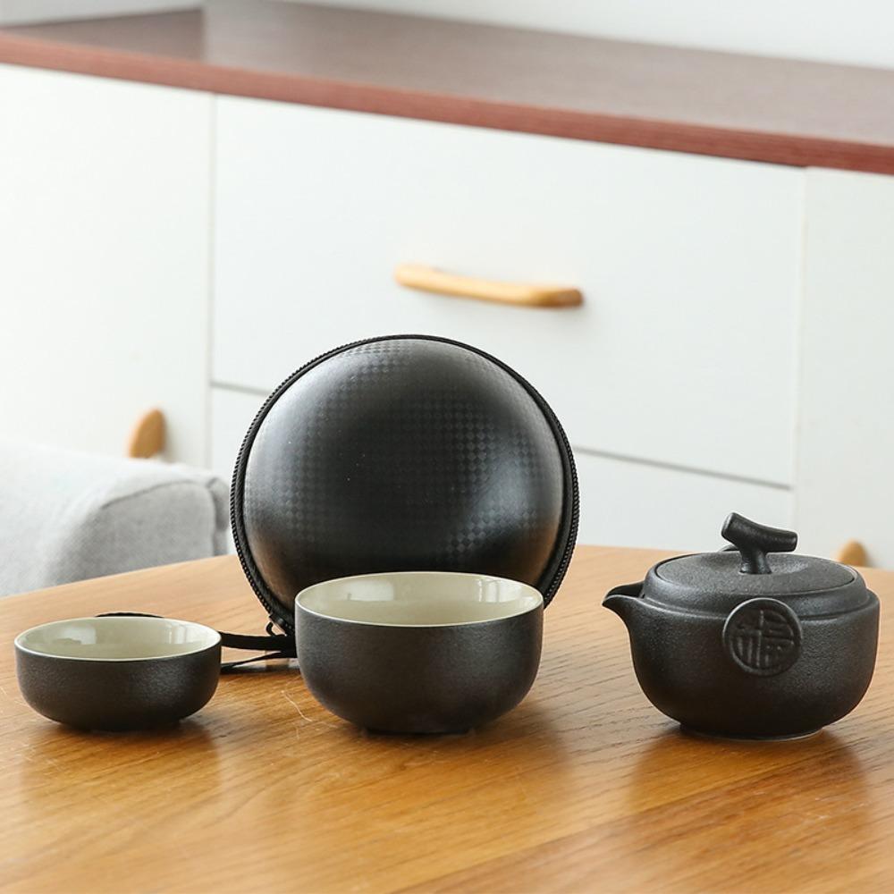 Minimalist 2 in 1 Tea Ceremony Teapot Set Ceramic Mini Travel Teapot with Storage Bag Chinese Teapot Set Outdoor