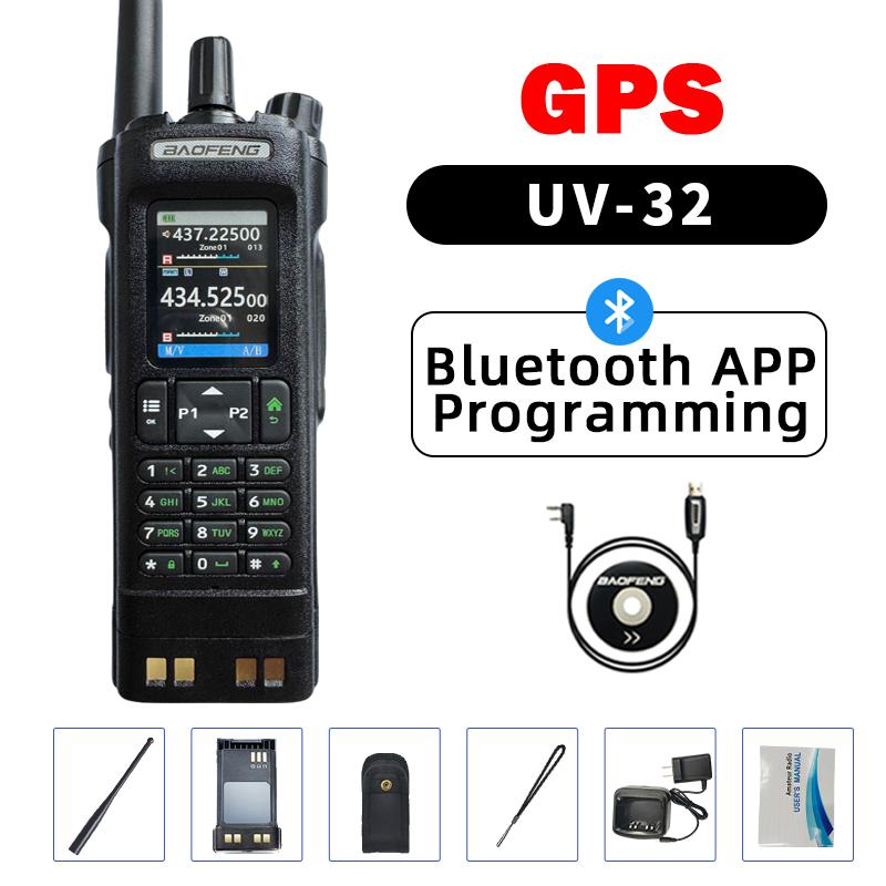 Walkie Talkie Baofeng UV-32 GPS 10W Bluetooth Wireless Programming Copy Frequency Air Band Long Range Type-C Two Way Ham Radio
