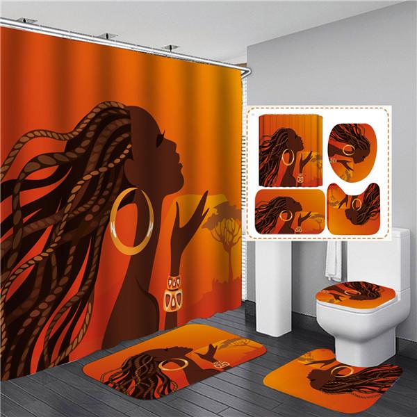 4PCS Full Set Bathroom Curtain Set Elegant African Black Woman Shower Curtain Hooks Modern Bath Mat Toilet Lid Cover Anti-slip Bath Mats