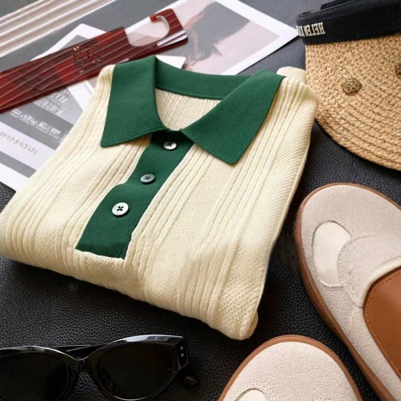 Commuter style contrasting colors lapel half open button pullover short sleeve front shoulder top summer temperament ice silk knitted sweater women