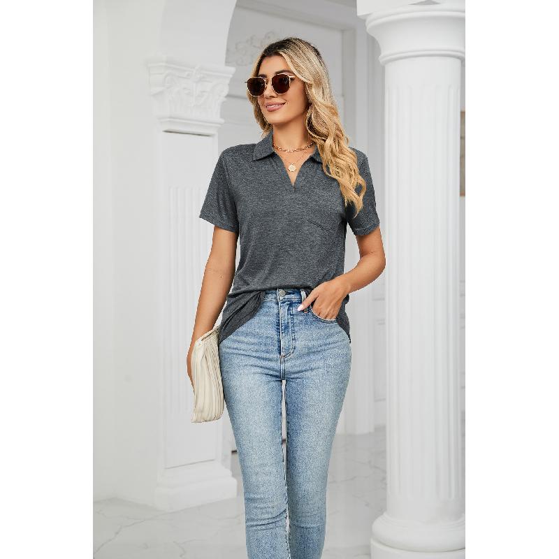 2026 Spring/Summer New Women's Fashion Solid Color Short Sleeve Turn-down Collar Pocket Loose T-shirt Top for Women