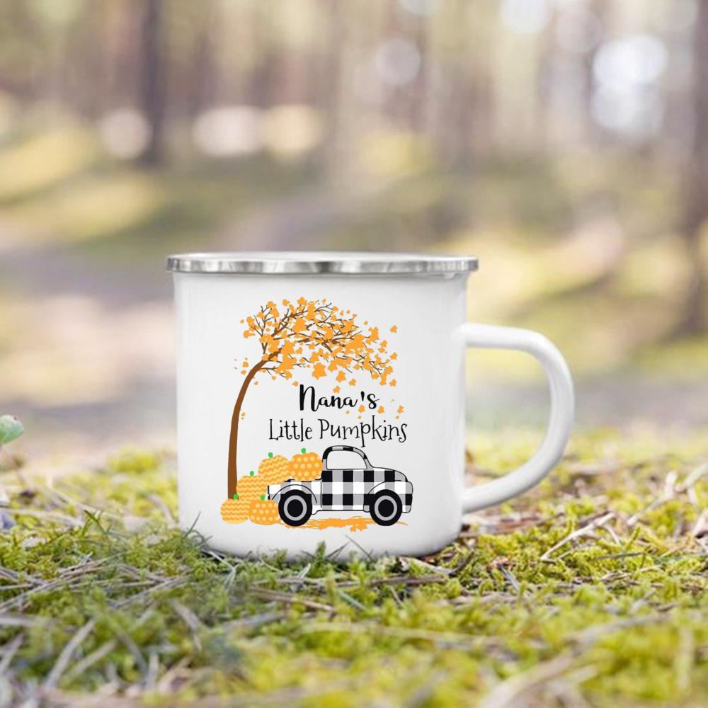 Hello Pumpkin Print Enamel Mugs Coffee Cups Fall Thanksgiving Party Juice Mug Handle Cup Autumn Holiday Gifts for Family Friends