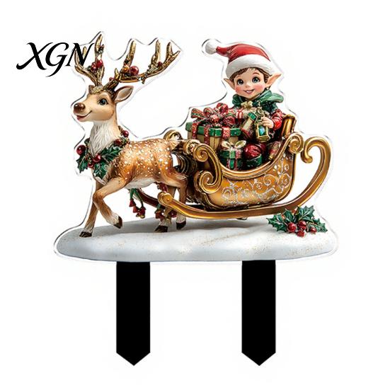 Outdoor Holiday Decorations Christmas Elf Garden Stake, Santa Reindeer Sleigh Acrylic Yard Weather Resistant Art Sign, Decoration for Lawn Pathway