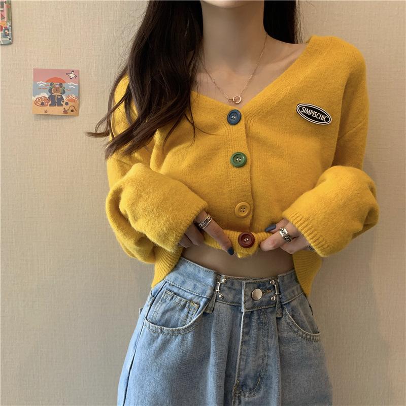 Women Sweater Cardigan Solid Korean V-neck Knitted Cardigan Lady Casual Slim Colorful Single Breasted Short Jumper Coats