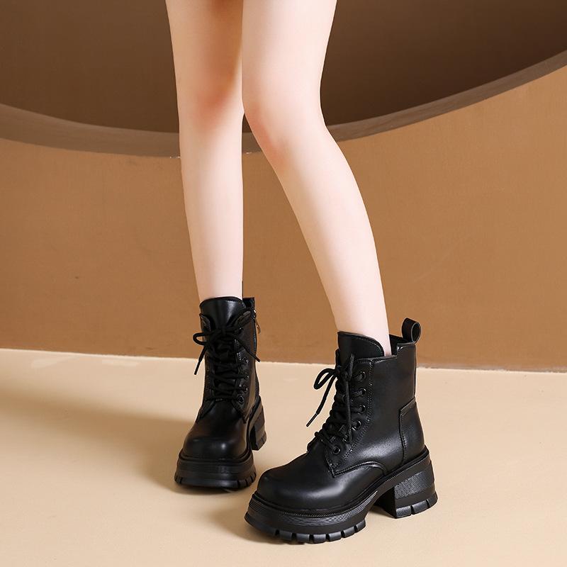 Thick-soled Martin Boots Women's 2025 Autumn and Winter New Versatile Single Boots Black Thin Boots Lace-up Locomotive Short Boots