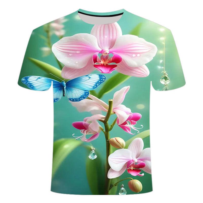 Summer New Beautiful Flower Pattern 3D Printed T-shirt Trendy Fashion and Versatile Short Sleeve for Primary and Secondary School Students