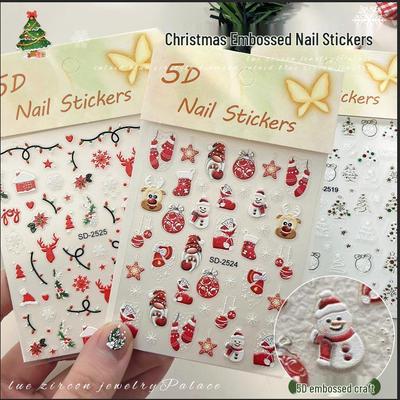 Stickers d'ongles de Noël 3D en relief - Décor Père Noël, Sapin, Flocon de neige et Renne