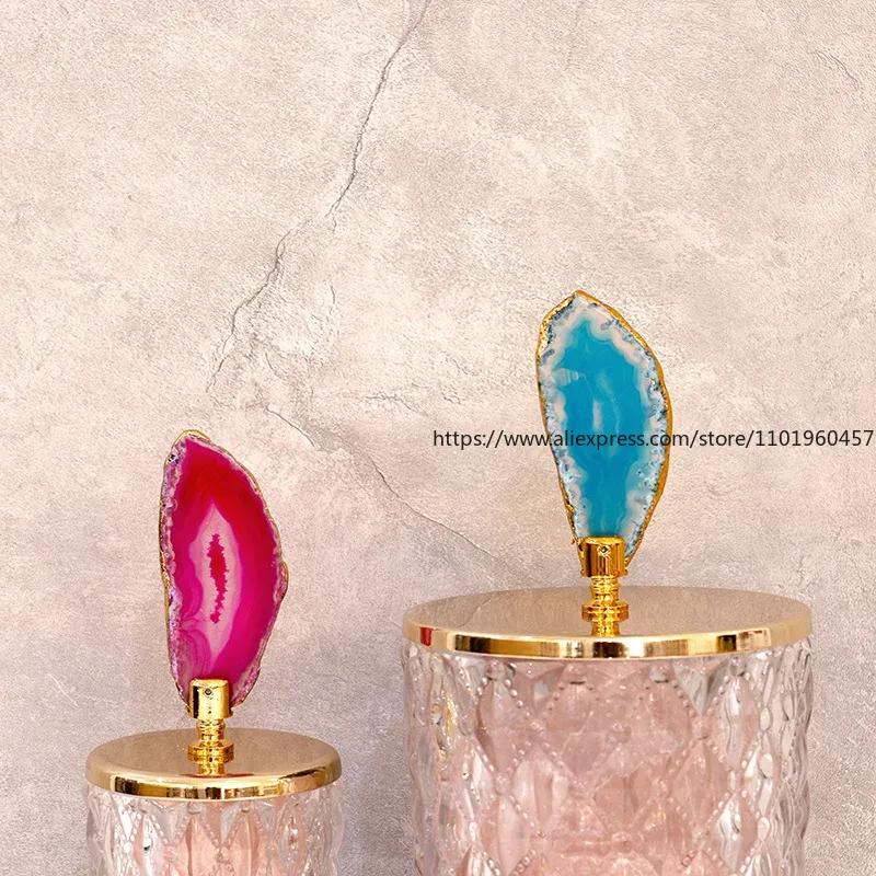 Glass Storage Jars Relief Tea Canister Candy Pot Natural Agate Stone Decorative Crystal Storage Jar with Cover Spice Organizer