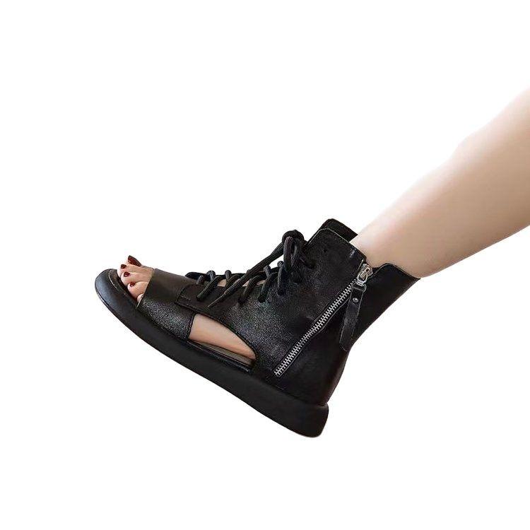 High-top Fish Mouth Sandals Women's Flat-bottomed Breathable Retro Beach Shoes 2025 Summer New Hollow Straps Roman Boots