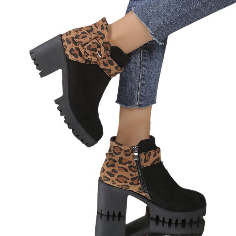 Fashionable Versatile Thick High Heels Leopard Print Short Boots Women Autumn Winter New Casual Comfortable Women's Short Boots