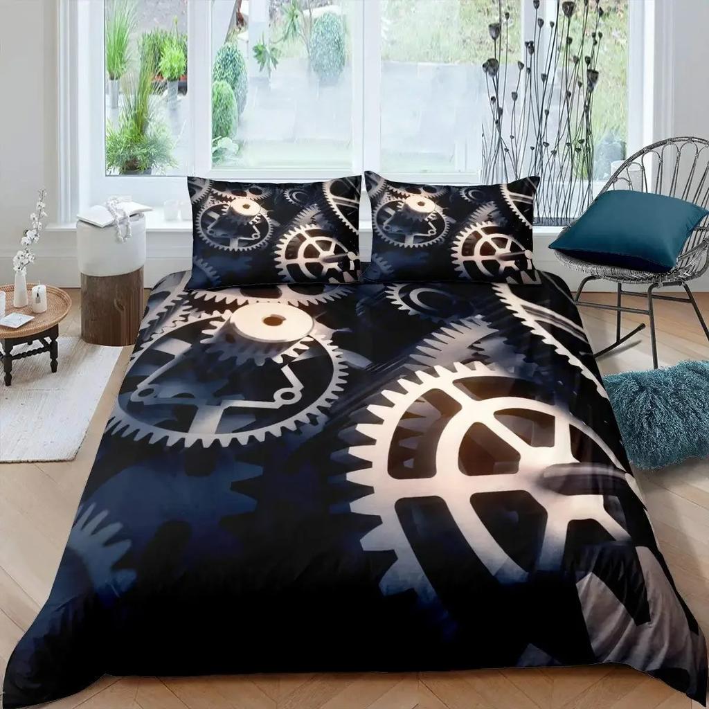 Ndustrial Gear Duvet Cover Set Queen Size Steampunk Style Locks Comforter Cover Boys Men Mechanical Device Polyester Bedding Set