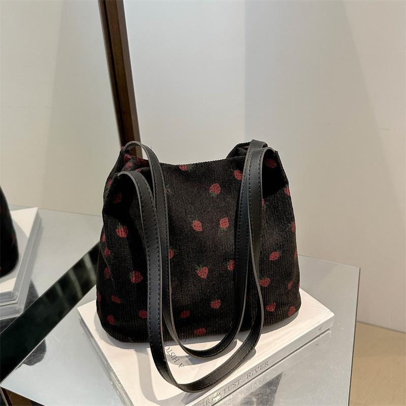 Large-capacity Bag Women's 2025 Summer New Corduroy Strawberry Print Going Out Versatile Shoulder Bag Commuter Tote Bag