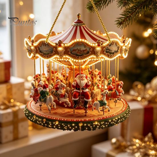 Santa Claus Carousel Pendants Christmas Carousel/Snow Cottage Hanging Ornament, Double-Sided Double Sided Printed Acrylic Charms Pendant for