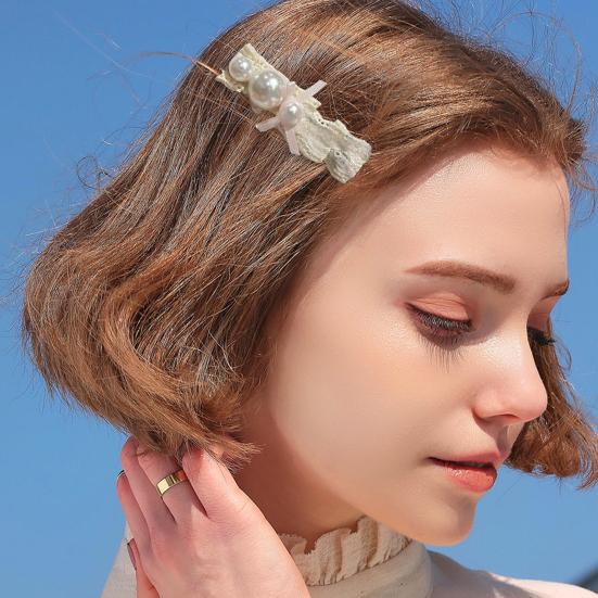 Girl Hairpin Mini Pink Bow Imitation Pearls Decor Soft Lace Hair Clip