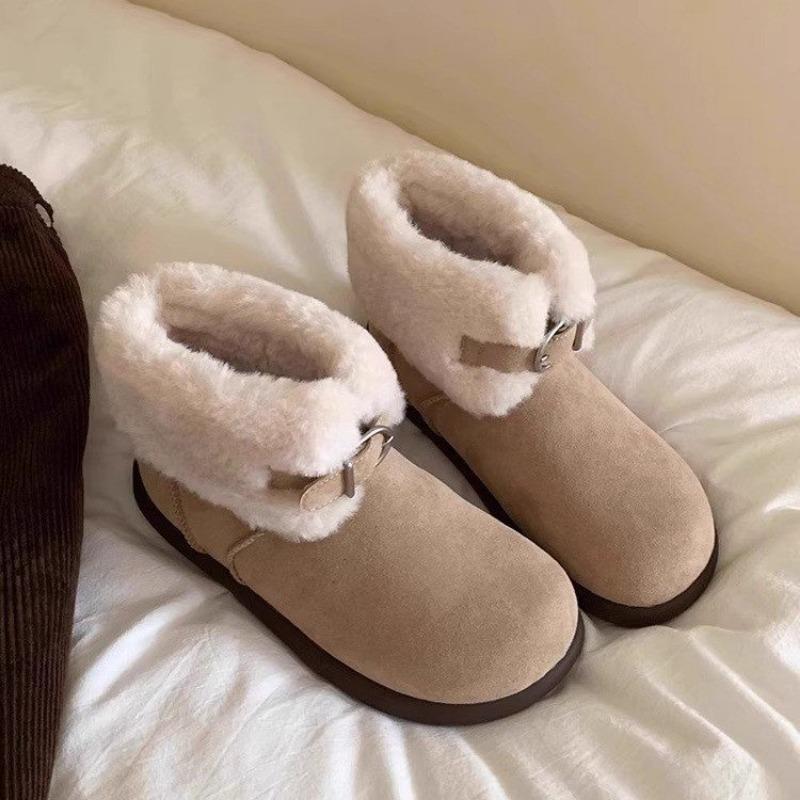 Fashion Women's Flat Snow Boots Winter New Round Head Suede Belt Buckle Soft Sole Anti-slip Wear-resistant Short Boots