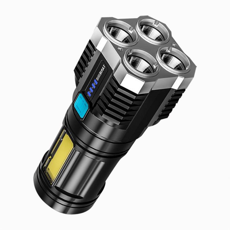 Rechargeable LED Flashlight: Four-Lamp, Ultra-Bright, Long-Range, Multi-Function, Outdoor Lighting.