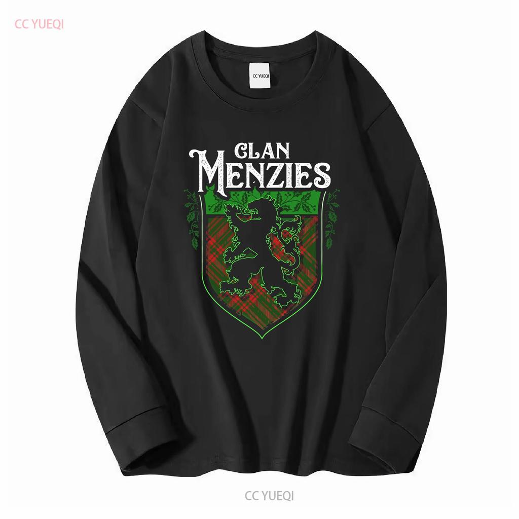 Clan Menzies Scottish Tartan Lion Rampant T Shirt Crest Last Name Surname Womens Long or Short Sleeves Vintage Washed Graphic