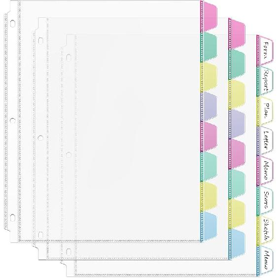 HABGP16PCS/2 Set 3 Ring Clear Binder Dividers with Tabs, 8.5 x 11 8 Tabs Binder Dividers with Pockets, Clear Page Protectors Index Dividers for 3