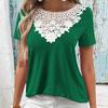 Women's Hollow Top Lace Patchwork Round Neck Collar Casual Loose Short Sleeve T-shirt