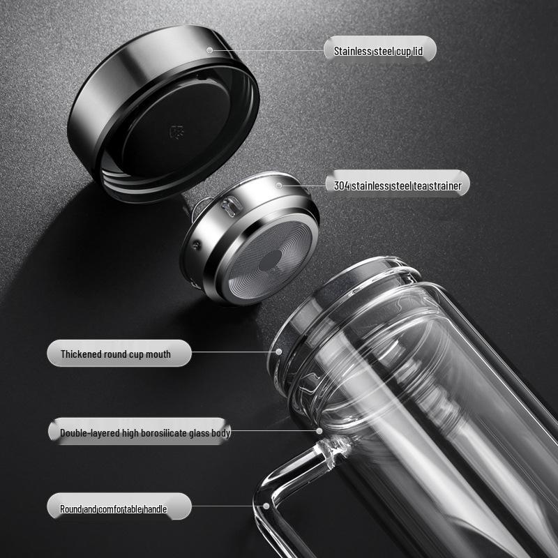 Double-Layer Glass Cup with Handle and Lid for Tea and Water